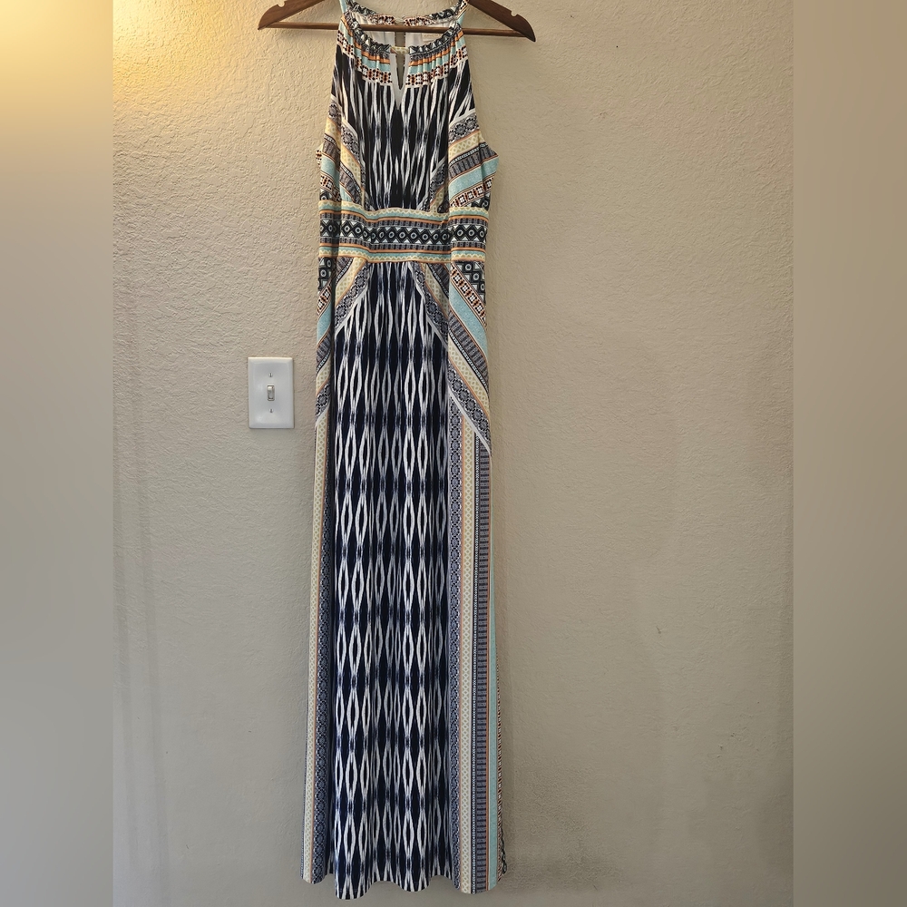 Chicos Maxi Dress Womens Medium Ikat Multicolor Summer Resortwear Keyhole Halter